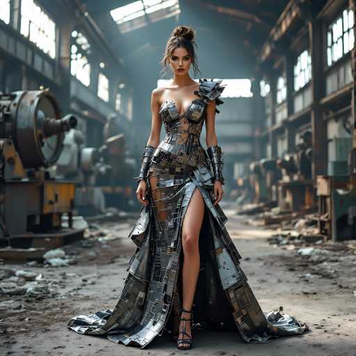 In this striking image, a woman stands confidently in the middle of a dilapidated warehouse, surrounded by an array of industrial machinery and debris. She is adorned in a unique, futuristic dress that appears to be crafted from various pieces of metal, giving it a distinct steampunk aesthetic. The dress features a high slit on the left side, revealing her leg, and is complemented by a single shoulder strap on her left side. Her ensemble is completed with black high-heeled shoes and metal arm bands that add to her bold look. Her hair is styled in a bun, with some strands cascading down the sides of her face, framing her features. The warehouse itself is in a state of disrepair, with debris scattered across the floor and machinery lining both sides. Sunlight streams through the windows, illuminating the scene and highlighting the contrast between the woman's intricate attire and the rugged, industrial backdrop.