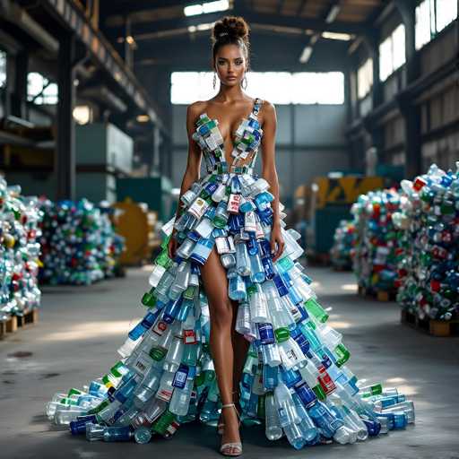 A stunning fashion model stands in a vast, industrial warehouse filled with piles of plastic bottles. She is wearing a breathtaking gown entirely constructed from recycled plastic water bottles, cascading down to the floor in layers of translucent and opaque blue and green. The dress features a daring, low-cut neckline and a dramatic, voluminous skirt that creates an ethereal, almost sculptural effect. Her dark hair is styled in an elegant updo, and she wears subtle jewelry. The lighting highlights the texture of the plastic bottles, creating a visually striking contrast with the model's poised stance. The overall scene emphasizes sustainability and fashion, showcasing a creative repurposing of waste materials.
