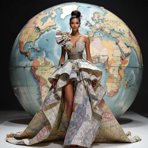 A woman is standing in front of a large globe with a map of the world on it. She is wearing a dress that has a unique design made from paper and features a ruffled collar and train. The background is black, which contrasts with the white floor where she stands.