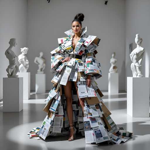 In this striking image, a woman stands confidently in a museum-like setting, surrounded by white statues on pedestals. She is adorned in an avant-garde dress that appears to be crafted from a collage of newspapers and magazines, creating a unique and eye-catching ensemble. The dress features a dramatic slit that reveals her leg, adding an element of allure to the outfit. Her hair is styled in a sleek bun, and she wears elegant earrings that complement her bold fashion choice. The overall scene captures a blend of artistic expression and high fashion, set against the backdrop of classical art.
