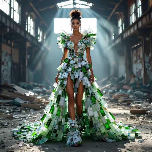 In this striking image, a woman stands confidently in the middle of a dilapidated warehouse, surrounded by scattered debris and broken materials. She is adorned in an elaborate, avant-garde dress that appears to be crafted from recycled materials, including green glass bottles, white plastic pieces, and possibly old cell phones. The dress features a dramatic slit up to her upper thigh, revealing her legs, and a voluminous skirt that flares out around her feet, resembling a train. The bodice of the dress is low-cut, with puffy sleeves that add to its dramatic flair. Her hair is styled in a high bun, and she wears long, dangly earrings that complete her bold look. The warehouse itself is in a state of disrepair, with broken windows allowing light to stream in, illuminating the scene and highlighting the contrast between the woman's intricate dress and the surrounding decay.