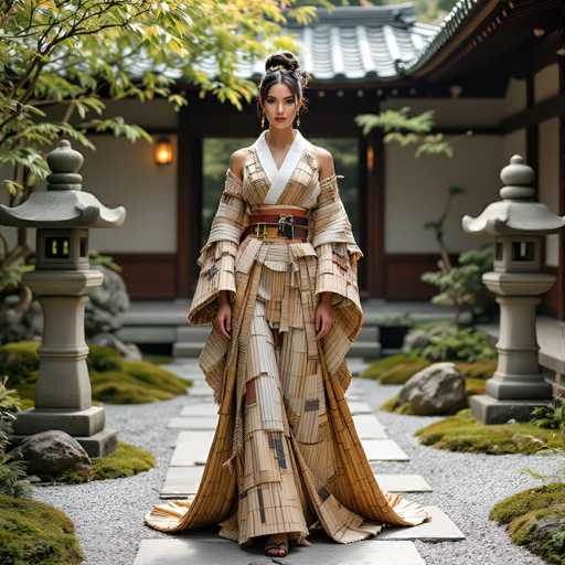 A woman stands gracefully in a traditional Japanese garden, adorned in a stunning kimono. The garment, crafted from intricately woven bamboo, features a harmonious blend of light and dark brown hues. The bamboo pieces are meticulously arranged to create a textured, almost three-dimensional effect, with some sections appearing to protrude from the fabric. A prominent white collar frames her neck, while a striking red and black belt cinches her waist, adding a bold contrast to the earthy tones of the kimono. Her hair is elegantly styled in a bun, with delicate bangs framing her face, and she wears a pair of earrings that complete her refined appearance. The serene garden setting around her enhances the overall beauty and tranquility of the scene.