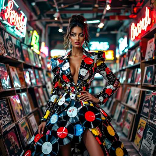 In this vibrant and detailed image, a woman stands confidently in the middle of a record store aisle, surrounded by shelves filled with vinyl records. She is wearing a striking, long dress that extends to her knees, adorned with a collage of black vinyl records featuring colorful centers in red, white, and blue. The dress has a deep V-neckline that reveals a significant portion of her chest, and it is cinched at the waist with a matching belt. Her dark hair is styled in an elegant updo, with some strands cascading down the sides of her face. She accessorizes with long, dangling earrings and has bold red lipstick that complements her tan skin. Her left hand rests on her hip, exuding a poised and self-assured demeanor. The record store around her is illuminated by neon signs, including one that reads "RCA" and another partially visible sign that appears to say "Beehives." The overall scene is a blend of vibrant colors and retro charm, capturing a moment of stylish elegance amidst the nostalgic atmosphere of the record store.