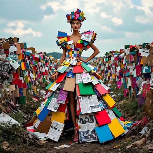 The image depicts a striking scene of a woman standing amidst a field of tall, colorful cardboard pieces. The cardboard is arranged in a way that it resembles a vast, artistic installation. The woman is the focal point of the image, and she is dressed in an elaborate, avant-garde outfit. Her attire is reminiscent of a high-fashion dress, but it is crafted from a variety of materials, including cardboard, paper, and possibly magazine pages. The dress features a voluminous skirt with intricate patterns and shapes, and it is adorned with a multitude of colors, including red, blue, yellow, and green. Her shoulders are decorated with large, rectangular pieces of cardboard, and her chest is covered with smaller, square-shaped cardboard pieces. The woman's headpiece is particularly eye-catching, resembling a crown made from the same materials as her dress. She has long, dark hair and is wearing red lipstick, which complements her overall look. The setting around her is a field of tall, multicolored cardboard pieces, creating a surreal and artistic atmosphere. The sky above is a clear blue with scattered clouds, adding to the dreamlike quality of the scene.