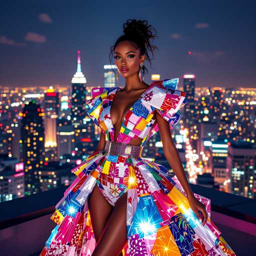 A woman stands on a rooftop at night, wearing a vibrant and colorful dress with a unique design of patches and sequins that shimmer under the city lights. The backdrop is a breathtaking view of the New York City skyline, with tall buildings illuminated against the dark sky.