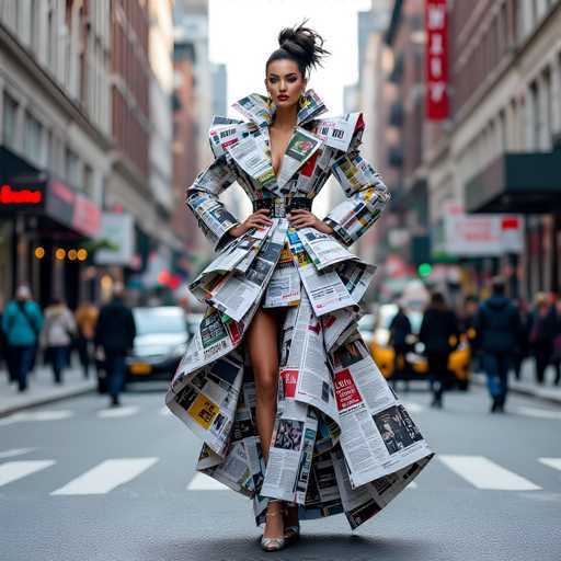 In this striking image, a woman stands confidently in the middle of a bustling city street, her presence commanding attention. She is adorned in an avant-garde dress crafted entirely from newspaper pages, with the vibrant colors and text of the newspapers adding a dynamic and eye-catching element to her ensemble. The dress features a high collar that extends up to her neck, and its design includes dramatic, puffy sleeves that taper down to her forearms. The skirt of the dress is particularly striking, with its high slit revealing her leg and cascading down in a flowing train that extends to the ground. Her footwear consists of elegant high heels, completing her bold look.

The woman's hair is styled in a sleek bun, and she wears striking red lipstick that accentuates her features. Her hands rest on her hips, exuding a sense of self-assurance and poise. The background is a blur of city life, with indistinct figures of pedestrians and cars moving along the street, emphasizing the focus on her unique attire. The overall scene is a captivating blend of high fashion and urban grit, with the woman's newspaper dress standing out as a bold statement amidst the city's hustle and bustle.