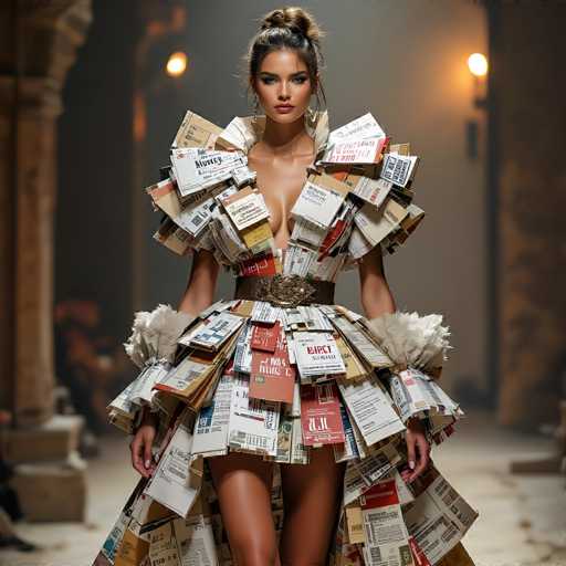 The image features a striking young woman, likely in her early 20s, with a medium complexion and dark brown hair styled in a bun. She has a serious expression and is adorned with long, dangling earrings. Her dress is an avant-garde creation, seemingly crafted from recycled materials such as newspapers, magazines, and possibly even credit cards. The dress is intricately designed with a deep V-neckline that reveals her cleavage, and it flares out dramatically at the bottom, resembling a skirt. The dress includes puffy sleeves and a large, ornate belt with a gold buckle at the waist. The background is blurred, but it appears to be an indoor setting with a white wall, a brown door, and a couple of light fixtures, possibly in a hallway or a room. The overall scene is dimly lit, adding to the dramatic effect of the woman's unique attire.
