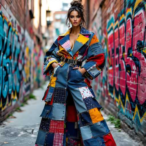 A striking photograph captures a young woman in her early 20s standing confidently in the middle of a narrow alleyway. She has long, dark hair styled in a bun with loose strands framing her face, and she wears a pair of earrings. Her outfit is a vibrant patchwork ensemble, featuring a jacket and pants made from an array of denim shades, including light blue, dark blue, and medium blue. The jacket is adorned with colorful patches in yellow, red, pink, and white, and it has a large black belt cinched at her waist. The pants are uniquely designed with a V-shaped cutout at the front, revealing a hint of her midriff. Her hands rest on her hips, exuding a bold and self-assured demeanor. The alleyway is flanked by brick walls covered in graffiti, with the left wall predominantly blue and the right wall showcasing red and yellow hues. The ground beneath her is a gray concrete sidewalk, adding to the urban atmosphere of the scene.