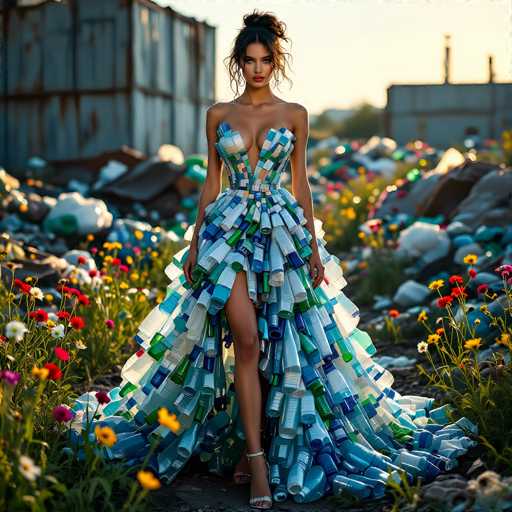 In this striking image, a woman stands confidently in a field of vibrant flowers, surrounded by a sea of discarded plastic bottles. She is wearing an elaborate, floor-length gown crafted entirely from recycled plastic bottles, showcasing a stunning array of blues, greens, and whites. The dress features a daring deep V-neckline that plunges down to her belly button, and a high slit on the left side reveals her leg. Her dark hair is styled in an elegant updo, with some strands cascading down to frame her face. She wears red lipstick and high heels, adding to her poised appearance. The background is a chaotic scene of trash, including rusted metal crates and scattered plastic debris, contrasting sharply with the colorful flowers and her eco-friendly attire. The image captures a powerful juxtaposition of beauty and environmental awareness, with the woman's dress symbolizing hope and sustainability amidst a landscape of waste.