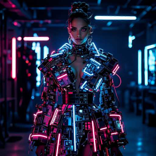 The image depicts a highly detailed, computer-generated scene of a woman standing in a futuristic, dimly lit room. She is adorned in an elaborate outfit that combines elements of high fashion and advanced technology. Her attire features a low-cut, form-fitting dress that extends from her neck down to her thighs, with a prominent belt cinching her waist. The dress is intricately designed with a pattern reminiscent of computer chips and circuit boards, illuminated by vibrant neon lights in shades of pink, blue, and purple. Her arms are covered by long sleeves that also exhibit a circuit board-like design, with pink and blue lights accentuating the futuristic aesthetic.

The woman's hair is styled in a bun, and she wears large hoop earrings that add to her striking appearance. Her eyes are accentuated with heavy makeup, and her lips are painted a bold red. Around her neck, she wears a choker that appears to be made of leather, adding a touch of edginess to her look. The background of the image is dark, with the room's lighting provided by long, rectangular fluorescent lights and additional neon lights in various colors, creating a moody, almost cyberpunk atmosphere. The floor beneath her is reflective, mirroring the neon lights and adding depth to the scene.