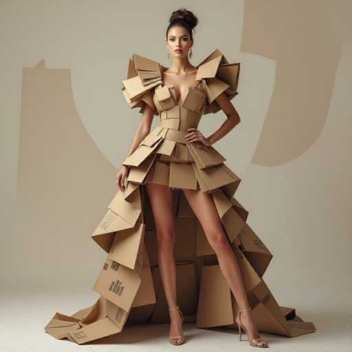 In this striking image, a woman is elegantly posed in a unique, avant-garde outfit. She stands confidently with her left hand on her hip and her right hand resting by her side. Her long legs are accentuated by high heels, and she is adorned with a ring on her left hand. Her hair is styled in a bun, and she wears earrings that add to her sophisticated appearance. The background features a beige wall with subtle brown accents, complementing the beige floor.

The most captivating aspect of the image is her outfit, which appears to be crafted entirely from cardboard boxes. The dress is intricately designed with various shapes and sizes of cardboard pieces, creating a visually intriguing texture. The bodice is low-cut, revealing her cleavage, and the dress flares out dramatically from the waist, resembling a skirt. The cardboard pieces are arranged in a way that they cascade down to the floor, forming a train that extends behind her. The cardboard is brown with black writing, adding to the artistic and unconventional nature of the ensemble.