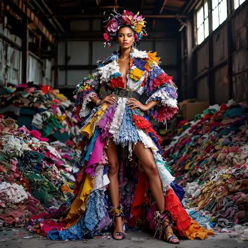 In this vibrant and striking photograph, a woman stands confidently in the center of a large room, surrounded by towering piles of colorful fabric that reach up to her waist. She is adorned in an elaborate, multi-layered dress that resembles a collage of ruffled and frilly pieces in a spectrum of colors, including red, blue, yellow, white, and purple. The dress features a deep V-neckline that plunges down to her waist, and it flares out dramatically at the bottom, creating a train that extends behind her. Her ensemble is complemented by a thick black belt with a silver buckle around her waist, and she wears high-heeled sandals with straps that wrap around her ankles and feet. Her dark skin contrasts beautifully with the bright hues of her attire. Atop her head, she wears an intricate headdress made of flowers and fabric, adding to the overall opulence of her appearance. The room itself is dimly lit, with light streaming in from windows on the right side, highlighting the woman and her colorful attire against the darker background.