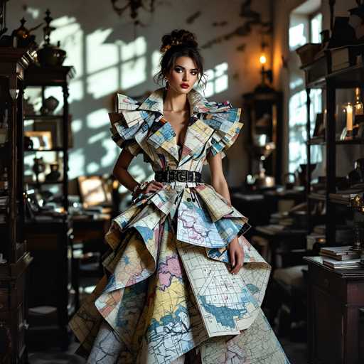 A fashion model poses in a stunning, avant-garde dress made entirely of vintage maps. The dress is voluminous and sculptural, with layers of map pieces creating a dramatic, multi-dimensional design. The model is wearing a wide, ornate belt and has her hair styled in an elaborate updo with dark makeup. She is standing in a dimly lit, antique-filled room with bookshelves and vintage objects in the background. The lighting casts dramatic shadows on the walls, highlighting the texture of the map fabric and the intricate details of the dress. The overall mood is one of elegance, mystery, and artistic expression.