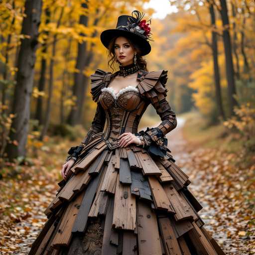 A woman is standing on a path surrounded by trees and leaves. She is wearing an ornate dress made of brown fabric with black ruffles and a black top hat adorned with feathers. The woman has her hands in her pockets and is looking directly at the camera.