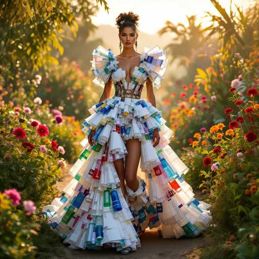 A woman is walking down a path through a garden filled with colorful flowers and plants. She is wearing a long, flowing dress made entirely of plastic bags, which has been cut into various shapes to create the skirt and bodice. The dress is predominantly white, but it features accents of blue, green, red, and yellow that add visual interest.