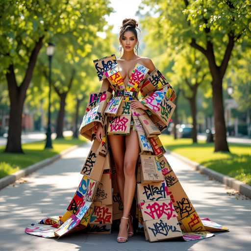 A striking image captures a woman standing confidently on a sidewalk, framed by lush green trees and a streetlight in the background. She is adorned in an avant-garde ensemble that combines elements of high fashion and street art. Her hair is styled in a sleek bun, and she wears long, dangly earrings that add an elegant touch to her look. 

The most eye-catching aspect of her outfit is a dress made entirely from cardboard, adorned with vibrant graffiti in a spectrum of colors including pink, blue, yellow, and green. The cardboard pieces are meticulously arranged to create a form-fitting silhouette that accentuates her figure. The dress features a V-neckline that plunges to reveal her cleavage, and it is cinched at the waist with a belt made from the same cardboard material. 

Her arms are covered by cardboard sleeves that extend to her hands, while the skirt of the dress flares out dramatically, resembling a train. The cardboard pieces at the bottom of the skirt are cut into various shapes, adding texture and visual interest to the ensemble. She completes her look with a pair of high heels, making this a truly unique and memorable outfit.