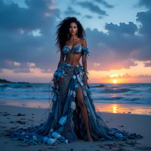 A woman stands on a beach at sunset, wearing a blue dress with white flowers and holding a large white object that appears to be made of fishing nets.