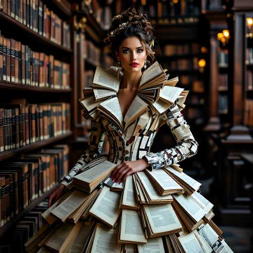 The image depicts a strikingly beautiful woman standing in the center of an expansive library, surrounded by towering bookshelves filled with old, leather-bound tomes. She is adorned in a unique, avant-garde dress that appears to be crafted entirely from the pages of books, with the spines forming the shoulders and the fabric resembling a skirt. The dress is predominantly white with black and brown accents, and it features an elaborate, ruffled collar that adds to its dramatic flair. Her dark brown hair is styled in an elegant updo, and she wears a silver tiara or headband. Her makeup is bold, with dark eyeshadow, long eyelashes, and bright red lipstick. She has a serious expression and is looking directly at the camera. Her nails are painted red, and she wears rings on her fingers. The background is slightly blurred, emphasizing the grandeur of the library and the woman's extraordinary attire.