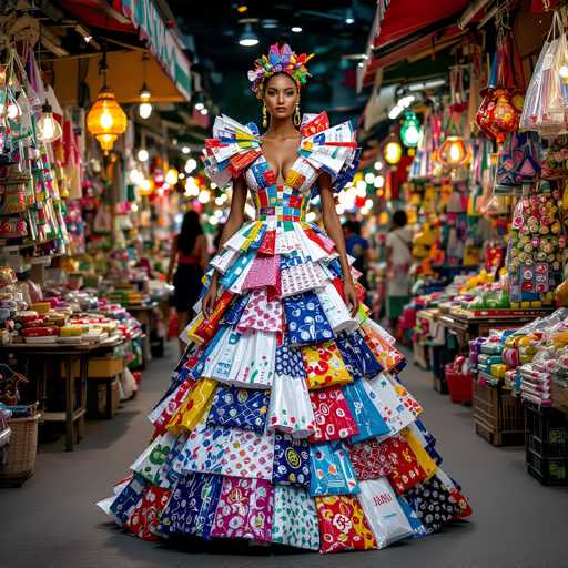 A fashion model in a vibrant, voluminous gown made entirely of colorful shopping bags stands in the middle of a bustling market. The dress is a towering, multi-layered creation with each layer resembling a different patterned shopping bag, creating a visually stunning and playful effect. The model wears a matching headpiece adorned with colorful paper flowers, complementing the dress's vibrant theme. The background is filled with a crowded market scene, showcasing various stalls overflowing with colorful goods and bright lights. The overall atmosphere is one of celebration, creativity, and a playful embrace of everyday objects.