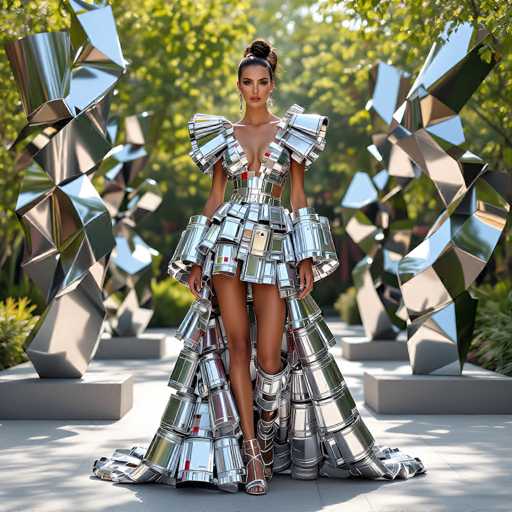 In this captivating image, a woman stands confidently in a striking, futuristic dress made entirely of shiny, reflective metal pieces, resembling repurposed tin cans. The dress features a low-cut V-neckline that reveals her cleavage, and her arms are adorned with large, shoulder pads that extend down to her elbows. The skirt of the dress is short, showcasing her long legs, and it flares out into a train at the back, adding an element of grandeur to her ensemble. She completes her look with high-heeled sandals that have straps wrapping around her ankles and toes. Her dark hair is styled in a neat bun, and she wears long, dangling earrings that add to her elegant appearance. The backdrop consists of a lush, green forest, with sunlight filtering through the trees, casting a natural glow on the scene. Flanking her are two abstract, metallic sculptures on gray platforms, adding to the futuristic and artistic ambiance of the setting.