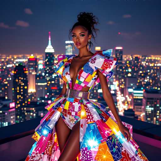 A stunning photograph captures a young African-American woman standing on a balcony, gazing directly at the camera. She is adorned in a vibrant, futuristic dress that appears to be crafted from a material reminiscent of solar panels, with intricate patterns and a dazzling array of colors including blues, yellows, pinks, and purples. The dress features a deep V-neckline that reveals her cleavage, and a high-waisted skirt that flares out dramatically, showcasing her thighs. Her ensemble is accentuated by a large, ornate belt with a silver and purple design, and her shoulders are adorned with puffy, colorful elements. She accessorizes with large, dangling earrings that add to her striking appearance. Her hair is styled in a high bun, and she wears bold red lipstick that complements her dark skin. The backdrop is a mesmerizing cityscape at night, with countless lights illuminating the skyline and a sky that transitions from dark blue to black, dotted with a few clouds. The overall scene exudes a sense of futuristic elegance and urban sophistication.