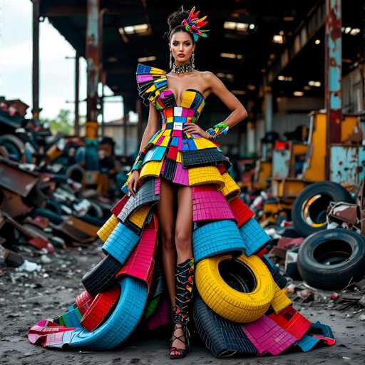In this striking image, a woman stands confidently in a vibrant, avant-garde dress made entirely from recycled materials, including tires, magazines, and colorful fabric. The dress features a dramatic slit that reveals her legs, and she pairs it with black high heels adorned with colorful accents. Her hair is styled in a bun, accessorized with a matching colorful headpiece. The setting appears to be a junkyard or recycling center, with tires and other debris scattered around, adding to the unique and eco-friendly theme of the photograph. The woman's pose and the intricate details of her outfit make her the focal point of this powerful and visually captivating scene.