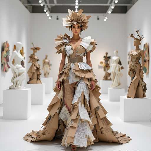 The image depicts a striking scene set in a white-walled room with a white floor, featuring a central figure—a woman adorned in an elaborate, avant-garde dress. The dress is a stunning creation, seemingly crafted from layers of cardboard, newspaper, and magazine pages, giving it a textured, multi-dimensional appearance. The woman's attire includes a dramatic, high-low skirt that flares out at the bottom, with one leg elegantly lifted. Her shoulders are adorned with large, ruffled pads made from the same paper materials, adding to the dress's grandeur. The bodice of the dress is low-cut, revealing a glimpse of her chest, and is cinched at the waist with a brown belt. Her head is crowned with an intricate headdress, also constructed from cardboard and paper, resembling a large, ornate flower. She stands confidently, her hands resting at her sides, and gazes directly at the camera.

In the background, the room is filled with several white pedestals, each displaying a unique mannequin. These mannequins are dressed in various outfits, also made from paper and cardboard, echoing the central figure's theme. The mannequins are posed in different stances, adding to the artistic and avant-garde ambiance of the scene. The overall setting suggests a fashion show or an art installation dedicated to sustainable, paper-based fashion.
