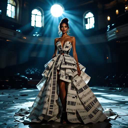 A woman is standing on a stage wearing a dress made entirely out of sheet music with black and white piano keys. The dress has a high neckline and long train that flows behind her as she poses for the camera.