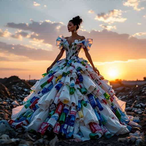 In this striking image, a woman stands gracefully on a dirt surface, surrounded by a sea of trash. She is adorned in an elaborate, off-the-shoulder dress that flares out dramatically at the bottom. The dress is a vibrant tapestry of colors, featuring shades of blue, green, red, and white, and is intricately designed to resemble a collage of plastic bottles and cans. Her dark hair is elegantly styled into a bun, and she wears long, dangling earrings that catch the light. The backdrop is a mesmerizing sunset, with the sky transitioning from a deep blue at the top to a warm orange near the horizon. The sun, partially obscured by clouds, casts a soft glow over the scene, adding a touch of serenity to the otherwise chaotic setting.