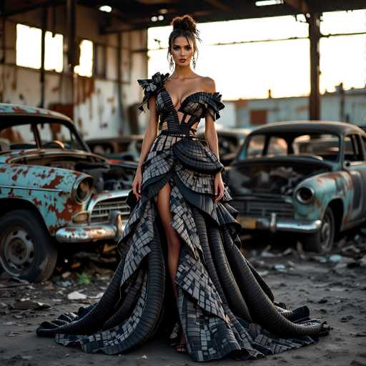 In this striking photograph, a woman stands confidently in the middle of an abandoned car lot, surrounded by rusted and dilapidated vehicles. She is wearing an elaborate, avant-garde dress that appears to be crafted from a combination of tires and leather, adorned with intricate patterns and textures. The dress features a dramatic slit that reveals her leg, and it billows out around her feet, creating a bold silhouette. Her hair is styled in a bun, and she wears long, dangly earrings that add to her dramatic look. The setting is a large, white building with broken windows and a rusted metal roof, with sunlight streaming through the gaps, casting a warm glow on the scene. The ground is littered with debris, and the overall atmosphere is one of decay and neglect, contrasting sharply with the woman's sophisticated and artistic attire.