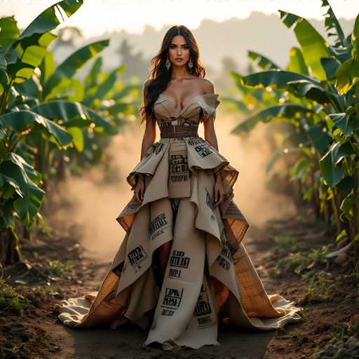 In this captivating image, a woman stands gracefully in the midst of a lush banana plantation, surrounded by tall banana trees with their distinctive green leaves. She is adorned in a striking dress that appears to be crafted from burlap or canvas, featuring a unique design with a fitted waist and a voluminous skirt that flares out dramatically. The dress is adorned with black square patterns, adding an intriguing visual element to her attire. Her long, dark hair cascades down her shoulders, complementing her elegant appearance. She wears a pair of long, dangling earrings that catch the light, and her makeup is meticulously applied, enhancing her natural beauty. The scene is bathed in a warm, golden light, suggesting that the sun is either rising or setting, casting a serene glow over the entire landscape.