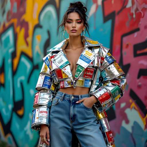 In this striking image, a woman stands confidently in front of a vibrant graffiti wall, adorned in an eclectic and eye-catching outfit. She wears light blue jeans, slightly faded at the top, paired with a unique jacket crafted from an array of tin cans. The jacket features a silver can as the collar, with a mix of red, blue, and green cans forming the body, creating a visually dynamic and textured ensemble. Her midriff is exposed, adding to the boldness of her look. She accessorizes with large hoop earrings and rings on her fingers, while her nails are painted a crisp white. Her makeup is bold, with dark red lipstick and pink eyeshadow accentuating her features. Her hair is styled in a bun, with some strands cascading down the sides of her face. The background wall is a canvas of graffiti art, featuring a palette of red, yellow, blue, and pink, with black outlines adding definition to the vibrant colors. The overall composition of the image is both colorful and captivating, highlighting the woman's unique fashion sense against the urban art backdrop.