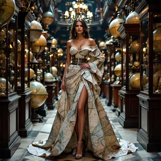 A stunning woman in a dramatic, floor-length gown with a map-themed design stands confidently in a grand, dimly lit room filled with antique globes. The gown features an off-the-shoulder design and a high slit, showcasing the intricate map pattern. She wears a wide, ornate belt cinching her waist and elegant heeled sandals. Her long, dark hair cascades over her shoulders, and she gazes directly at the viewer with a serene expression. The background is filled with numerous globes of various sizes, creating a sense of depth and grandeur. Soft light sources illuminate the scene from above, highlighting the details of the gown and the globes while casting subtle shadows. The overall atmosphere is one of timeless elegance, mystery, and a touch of vintage charm.