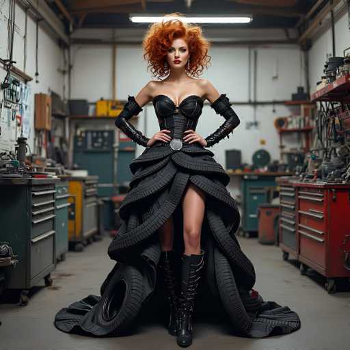 In this striking image, a woman stands confidently in the middle of a garage, exuding a bold and unique style. She is adorned in a black dress that features a dramatic slit, revealing her leg. The dress is intricately designed with tire-like elements, adding a rugged yet sophisticated touch. Her ensemble is complemented by black boots that lace up to her knees, and she wears long, black gloves that extend past her elbows, adorned with spikes for an edgy flair.

Her hair is a vibrant red, styled in a voluminous and slightly frizzy manner, adding to her dramatic appearance. She wears red lipstick that matches her hair, and her eyes are accentuated with black eyeliner, giving her a fierce look. Her hands rest on her hips, emphasizing her poised stance.

The background reveals a typical garage setting, with toolboxes and various tools scattered around. The floor is gray, and the walls are white, providing a neutral backdrop that makes her striking outfit stand out even more. The overall scene captures a blend of industrial and avant-garde elements, creating a visually captivating image.