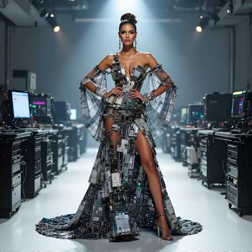 A fashion model stands in a futuristic, tech-themed runway. She is wearing an elaborate gown made entirely of circuit boards and electronic components, with a dramatic, high-slit design. The dress is predominantly silver and blue, with intricate details of wires, chips, and screens. She wears large, geometric earrings that match the dress's aesthetic. Her hair is styled in a sleek updo, and she looks directly at the viewer with a confident expression. The background is a dimly lit room filled with computer workstations and monitors, creating an immersive, technological atmosphere. The lighting is focused on the model, highlighting her as the central subject of the image.
