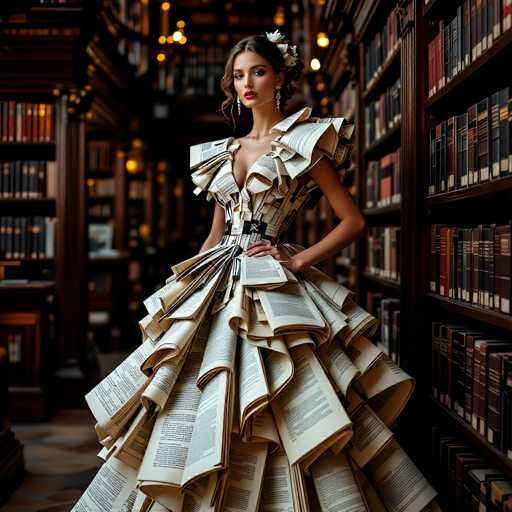 In this captivating photograph, a woman stands elegantly in the center of a grand library, surrounded by towering bookshelves filled with an array of colorful volumes. Her attire is a striking creation, seemingly crafted from the very pages of books, with intricate ruffles and a voluminous skirt that cascades to the floor. The dress features a deep V-neckline, revealing a hint of cleavage, and is adorned with a black belt that cinches at her waist. Her dark hair is styled in an elegant updo, accentuated by a white flower positioned at the back. She wears long, dangling earrings that add to her sophisticated appearance. Her makeup is bold, with dark eyeshadow and vivid red lipstick, and her expression is one of serene confidence as she gazes directly at the camera. The background is softly blurred, drawing attention to her unique and artistic ensemble.