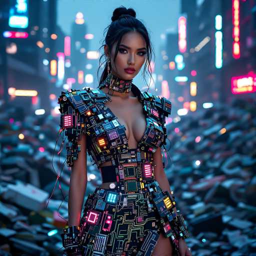 In this striking, futuristic image, a woman stands confidently in the middle of a bustling city street, her presence commanding attention. She is adorned in an elaborate, metallic outfit that resembles a dress, intricately designed with various components that evoke the appearance of computer hardware. The dress features an array of wires, switches, and lights, with a prominent pink light on her right shoulder and a yellow light on her left. Her midriff is exposed, adding to the boldness of her attire. She wears a choker around her neck, which complements the high-tech aesthetic of her outfit. Her long black hair is styled in a bun, with a few strands framing her face, and she sports pink lipstick that adds a touch of color to her futuristic look. The background is a blur of tall buildings and neon lights, suggesting a vibrant cityscape, possibly reminiscent of a place like Las Vegas. The overall scene is a captivating blend of high fashion and advanced technology, set against the dynamic backdrop of a modern metropolis.