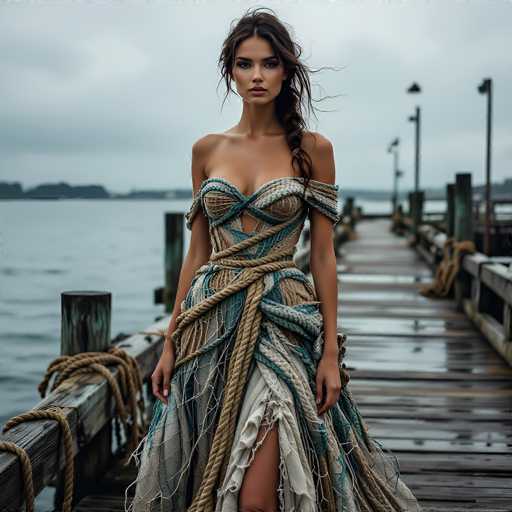 In this captivating image, a woman stands gracefully on a wooden dock that extends into a serene body of water. The dock is adorned with ropes and wooden posts, adding a rustic charm to the scene. The woman, who appears to be of mixed heritage with possibly Hispanic or Native American features, has long, dark brown hair that cascades over her left shoulder. She is dressed in an elaborate, sleeveless gown that resembles a fishnet or netting, intricately woven with shades of blue, gray, and white. The dress is form-fitting, accentuating her figure, and features a high slit on the left side, revealing her leg. The fabric appears to be made from a combination of rope-like material and delicate cloth, giving it a unique, textured look. The woman's makeup is striking, with bold black eyeliner and pink lipstick, and she gazes directly at the camera with a composed expression. The background is slightly blurred, drawing focus to her and the dock, while the water and distant land add depth to the composition. The overall atmosphere is one of quiet elegance, with the woman's poised stance and the tranquil setting creating a harmonious and visually appealing image.
