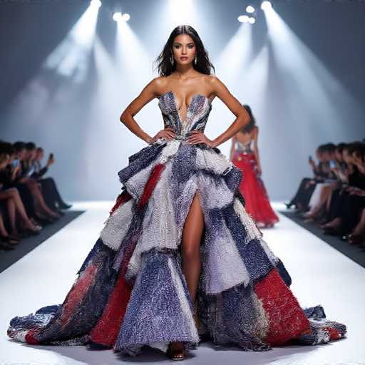 In this captivating image, a model graces the runway in a stunning, strapless gown that exudes elegance and sophistication. The dress features a daring deep V-neckline that plunges down to her belly button, accentuating her figure. The gown is adorned with a vibrant palette of red, white, and blue, reminiscent of the American flag, and is intricately designed with multiple layers of ruffles that add volume and texture to the ensemble. A daring slit on the side of the dress reveals her leg, adding a touch of allure to the look.

The model's long, dark hair cascades down her back, complementing her tanned skin and the bold red lipstick she wears. Her hands rest confidently on her hips as she struts down the runway, exuding poise and self-assurance. The audience flanks both sides of the runway, their attention fully captured by the spectacle before them.

In the background, another model is visible, dressed in a striking red gown, adding depth and contrast to the scene. The entire setting is bathed in dramatic lighting, with beams of light illuminating the models and creating a captivating atmosphere. The runway itself is a pristine white, providing a stark contrast to the colorful gowns and the dark-haired models. This image beautifully captures the essence of a high-fashion runway show, showcasing the artistry and glamour of the designs.