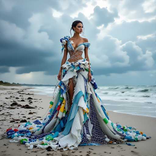 A striking photograph captures a woman standing on a beach, her gaze directed to the right. She is adorned in an elaborate, one-shoulder dress that combines elements of a corset and a skirt. The dress features a fishnet pattern and is predominantly white with accents of blue and green. The skirt portion of the dress is intricately designed with a net-like structure, adorned with various colored bottles—blue, white, green, and yellow—adding a unique texture to the garment. The dress is further embellished with ruffles and intricate designs, enhancing its elaborate appearance.

The woman's dark hair is pulled back, with a few strands cascading down the sides of her face, complementing her elegant look. She stands on a sandy beach, with the ocean waves visible to the right of the image. The sky above is filled with clouds, creating a dramatic backdrop that contrasts with the serene beach setting. The overall composition of the photograph highlights the woman's striking attire and her poised stance against the natural coastal landscape.