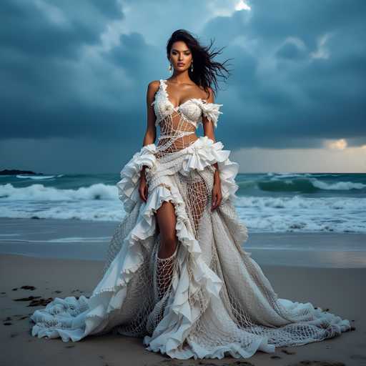 A woman is standing on a beach with her back facing the camera. She is wearing a white dress that has ruffles and lace detailing, and she has long hair. The sky above her is dark blue, indicating an overcast day.