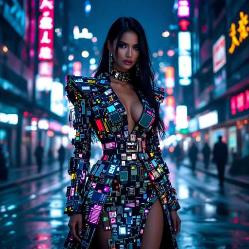 A woman in a futuristic, cyberpunk-inspired outfit stands confidently on a wet city street at night. The outfit is a complex, body-hugging garment covered in glowing neon lights and circuit board patterns. She has long, dark hair and is wearing large, ornate earrings. The background is blurred with neon signs and people walking in the distance, creating a vibrant, urban atmosphere. The overall style is highly detailed and futuristic, with a focus on the interplay of light and shadow.