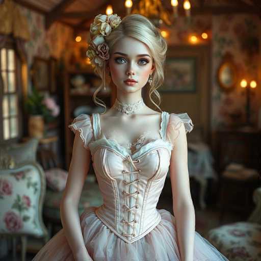 This image features a stunning, computer-generated depiction of a young woman with blonde hair styled in an elegant updo. She has large, captivating blue eyes and is adorned with a delicate floral arrangement in her hair, which includes a white flower and a pinkish one. Her attire is a beautiful pink corset with lacing down the front, complemented by a frilly skirt. Around her neck, she wears a choker necklace that adds to her sophisticated appearance. The background is a richly detailed room with floral wallpaper, a window, and a chandelier hanging from the ceiling. The scene is further enhanced by the presence of a table, a chair, and a potted plant, creating a warm and inviting atmosphere.