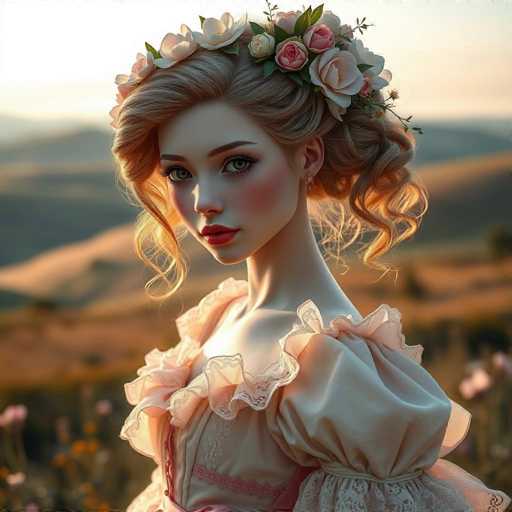 This image depicts a highly detailed, computer-generated or AI-generated illustration of a young woman, likely in her late teens or early twenties. She has a very pale complexion, accentuated by heavy makeup, including dark eyebrows, long eyelashes, and vivid red lips. Her eyes are a striking blue, and her cheeks are blushed, adding to her ethereal appearance. Her hair is a blend of blonde and brown, styled in a loose bun with curly tendrils framing her face.

She is adorned with a large, ornate headpiece made of flowers, leaves, and stems, featuring roses, white flowers, and pink blooms. Her attire is a Victorian-style dress, predominantly white with pink accents, including a pink corset and a pink sash around her waist. The dress has puffy sleeves and a lacy collar, adding to its intricate design.

The background is a blurred, dreamy landscape with a sunset sky, featuring hues of pink, orange, and yellow. There are rolling hills, a field of flowers, and possibly a body of water, all contributing to the serene and picturesque setting. The overall composition of the image is very realistic, with a soft, glowing light that enhances the ethereal quality of the scene.