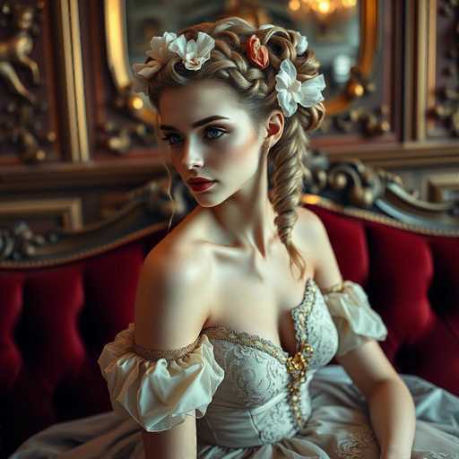 This image portrays a highly detailed, AI-generated depiction of a woman in a Victorian-style setting. The woman, with fair skin and striking blue eyes, has her hair intricately braided and adorned with white flowers. She is seated on a red velvet chair, her body facing forward while her head is turned to the left. She wears a light gray dress with puffy sleeves that extend to her elbows, and the dress features a low neckline with a gold brooch running down the front. The background is blurred, but it reveals an ornate, gold-framed mirror with intricate carvings, adding to the opulent atmosphere of the scene.
