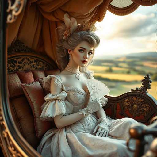 A stunning, AI-generated image depicts a young woman in her 20s, seated gracefully in an ornate carriage. She is adorned in a luxurious white gown with intricate lace detailing, featuring puffy sleeves that are elegantly tied with bows. Her ensemble is complemented by white gloves, a choker necklace, and a fan held delicately in her hands. Her gray hair is styled in an updo, adorned with a large feather and a small crown, adding to her regal appearance. She wears striking red lipstick and large earrings, enhancing her sophisticated look.

The carriage itself is a marvel of craftsmanship, with a wooden frame embellished with gold accents and plush red velvet cushions. The interior is lined with rich, brown curtains, adding to the opulent atmosphere. Through the open window, a picturesque landscape unfolds, revealing rolling hills, lush green trees, and a serene body of water, all under a sky dotted with fluffy white clouds. The scene is bathed in the warm glow of a setting sun, casting a golden hue over the entire image. The woman gazes directly at the viewer, her expression serene and captivating, making the entire composition feel like a moment frozen in time.