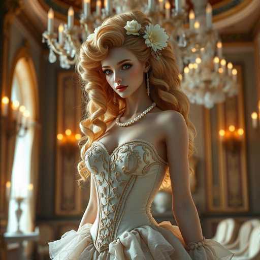 A woman with blonde hair and a white dress stands in front of a large window adorned with gold curtains, wearing a pearl necklace and earrings. The room is decorated with chandeliers hanging from the ceiling, creating an opulent atmosphere.