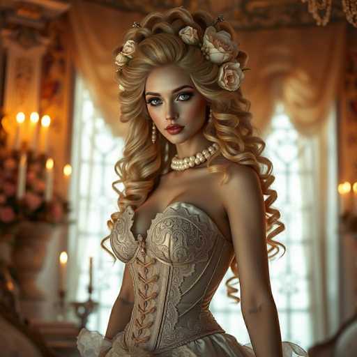 This image features a stunning, AI-generated portrayal of a woman with an ethereal quality. She has long, wavy blonde hair adorned with delicate roses, framing her face and adding a touch of natural beauty. Her striking blue eyes are accentuated by bold red lipstick, and she wears a double strand of pearls around her neck, exuding elegance. Her attire is a beautiful white dress with intricate lace details and a corset-like bodice, which is laced up the front. The dress flares out into a voluminous skirt, though the image cuts off at her waist, leaving the full design to the imagination.

The background is softly blurred, drawing focus to the woman while still providing a sense of her surroundings. Behind her, there are large windows draped with sheer curtains, allowing light to filter through. To the left, a candelabra with lit candles adds a warm glow to the scene. The overall composition is rich with details, creating a dreamlike atmosphere that highlights the woman's beauty and the luxurious setting.