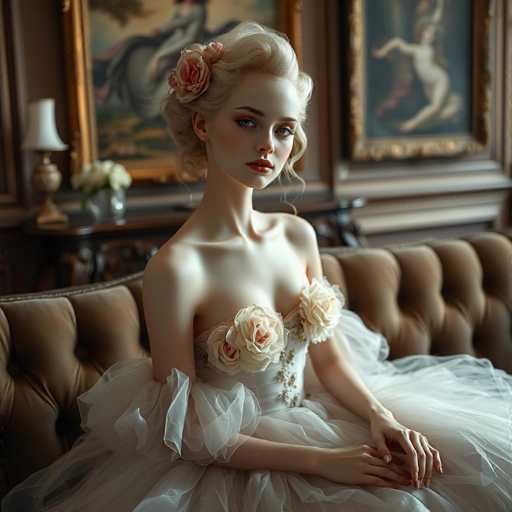 In this AI-generated image, a woman is seated on a brown couch, her body facing forward while her head is turned to the right. She has blonde hair styled in a bun, adorned with a pink flower on the left side. Her makeup is striking, featuring red lipstick, blue eyes, and brown eyebrows. She is dressed in a white gown with a frilly skirt and a chest strap decorated with white roses. Her arms rest on her lap, with her hands positioned in front of her. The background is blurred, but two paintings are visible on the wall behind her. The painting on the right depicts a woman in a white dress, while the one on the left shows a woman in a gray dress. To the left of the paintings, there is a brown table with a white lamp and a silver vase containing white flowers.