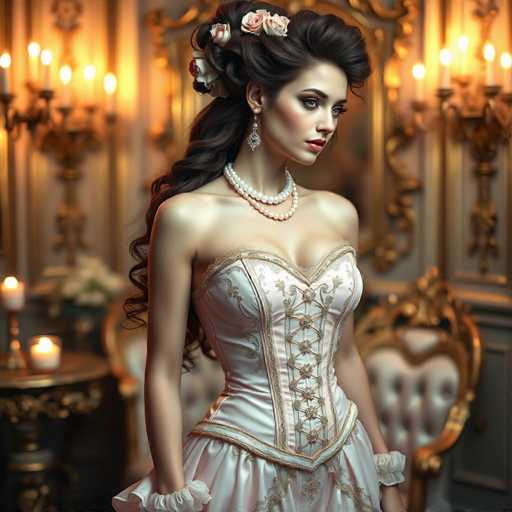 This image portrays a stunningly realistic AI-generated depiction of a Victorian-era woman. She is adorned in a white corset with intricate gold and silver detailing, complemented by a matching white skirt. Her long, dark brown hair is elegantly styled into a ponytail, accentuated by a delicate arrangement of pink and white roses. She wears a double strand of pearls around her neck and a single pearl earring, adding to her refined appearance. Her makeup is meticulously applied, with a touch of red lipstick and blush on her cheeks. The background features a luxurious setting with a gold-framed mirror, a gold chair with white cushions, and a table adorned with lit candles, enhancing the opulent atmosphere.